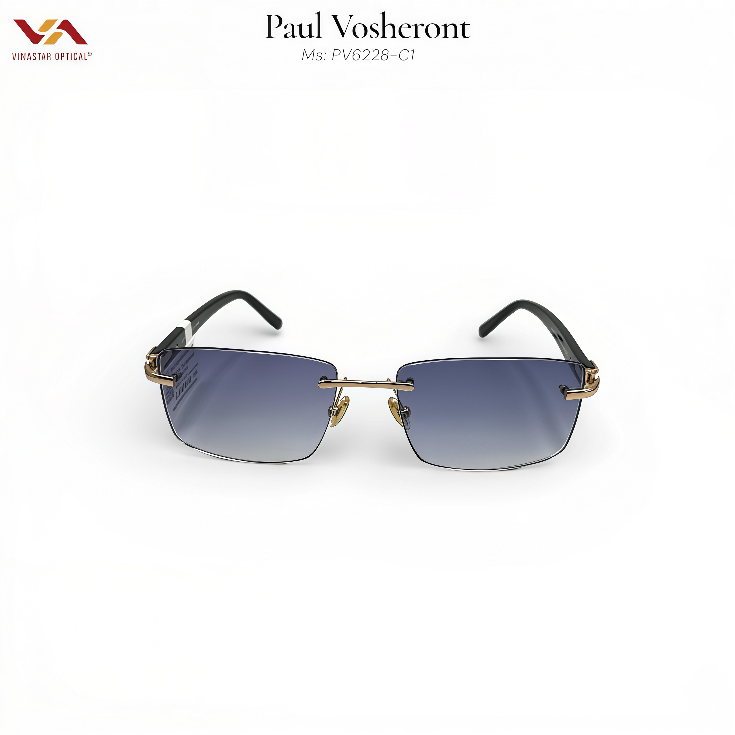 Kính Mát Paul Vosheront PV6228 – Thiết Kế Gọng Khoan Không Viền, Hợp Kim Bọc Vàng Gold Filled, Tròng Xanh Khói Gradient