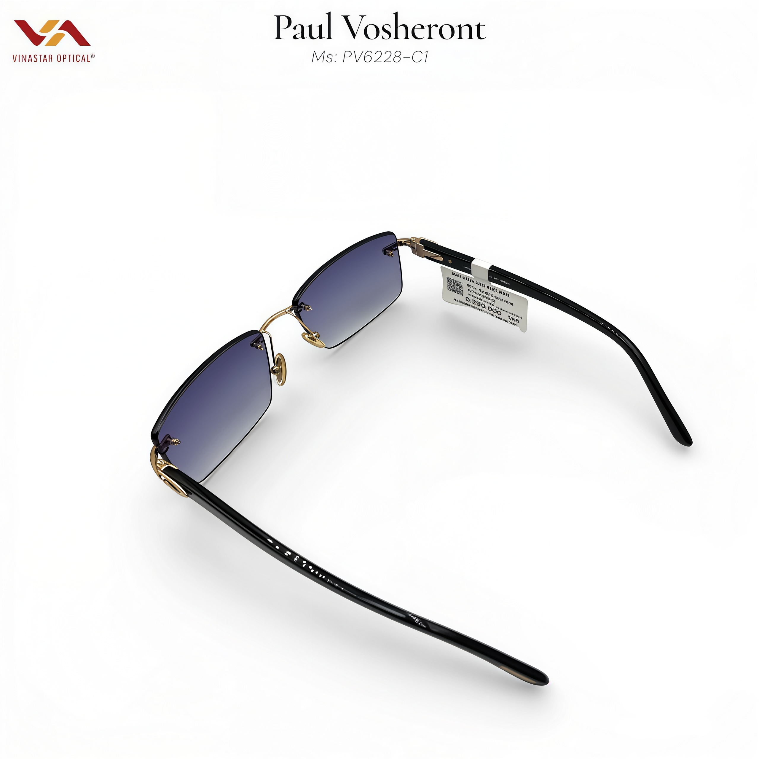 Kính Mát Paul Vosheront PV6228 – Thiết Kế Gọng Khoan Không Viền, Hợp Kim Bọc Vàng Gold Filled, Tròng Xanh Khói Gradient - Ảnh 3