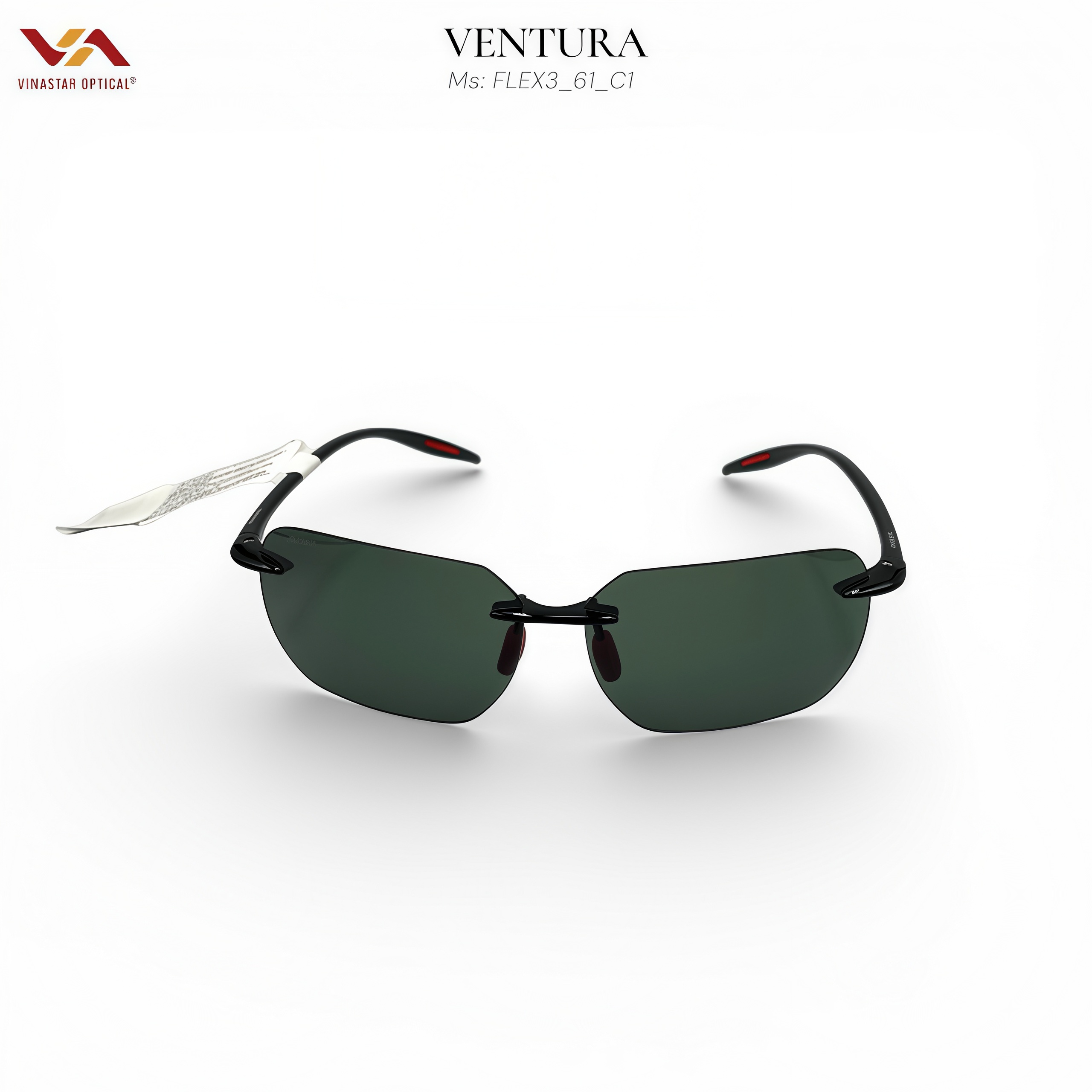 Kính Mát Ventura FLEX3_61_C1 – Thiết Kế Kính Khoan Không Viền Siêu Nhẹ, Gọng Đen Phối Đỏ Thể Thao, Tròng Polarized Xanh Lá Đơn Sắc Chống Chói Tuyệt Đối