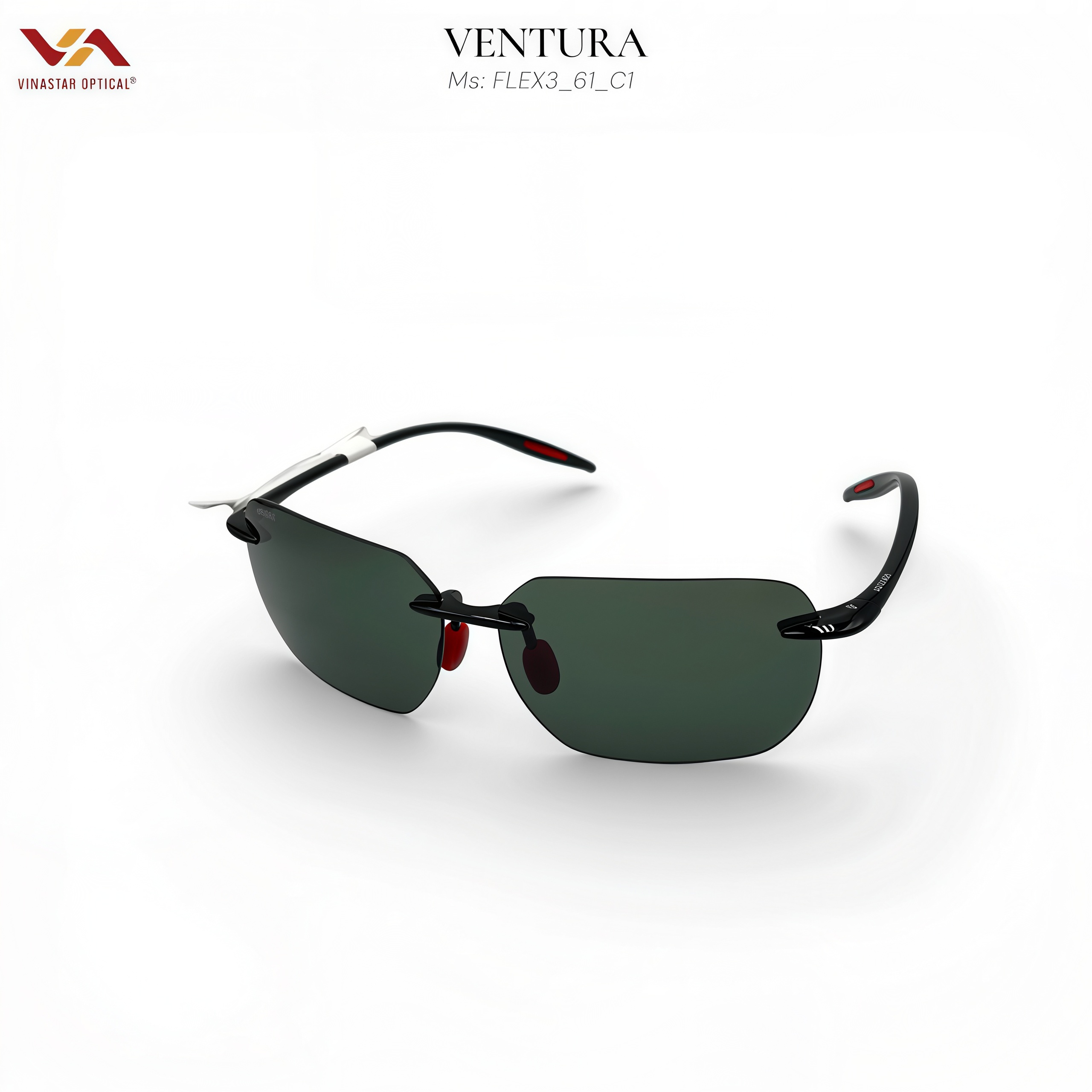 Kính Mát Ventura FLEX3_61_C1 – Thiết Kế Kính Khoan Không Viền Siêu Nhẹ, Gọng Đen Phối Đỏ Thể Thao, Tròng Polarized Xanh Lá Đơn Sắc Chống Chói Tuyệt Đối - Ảnh 2
