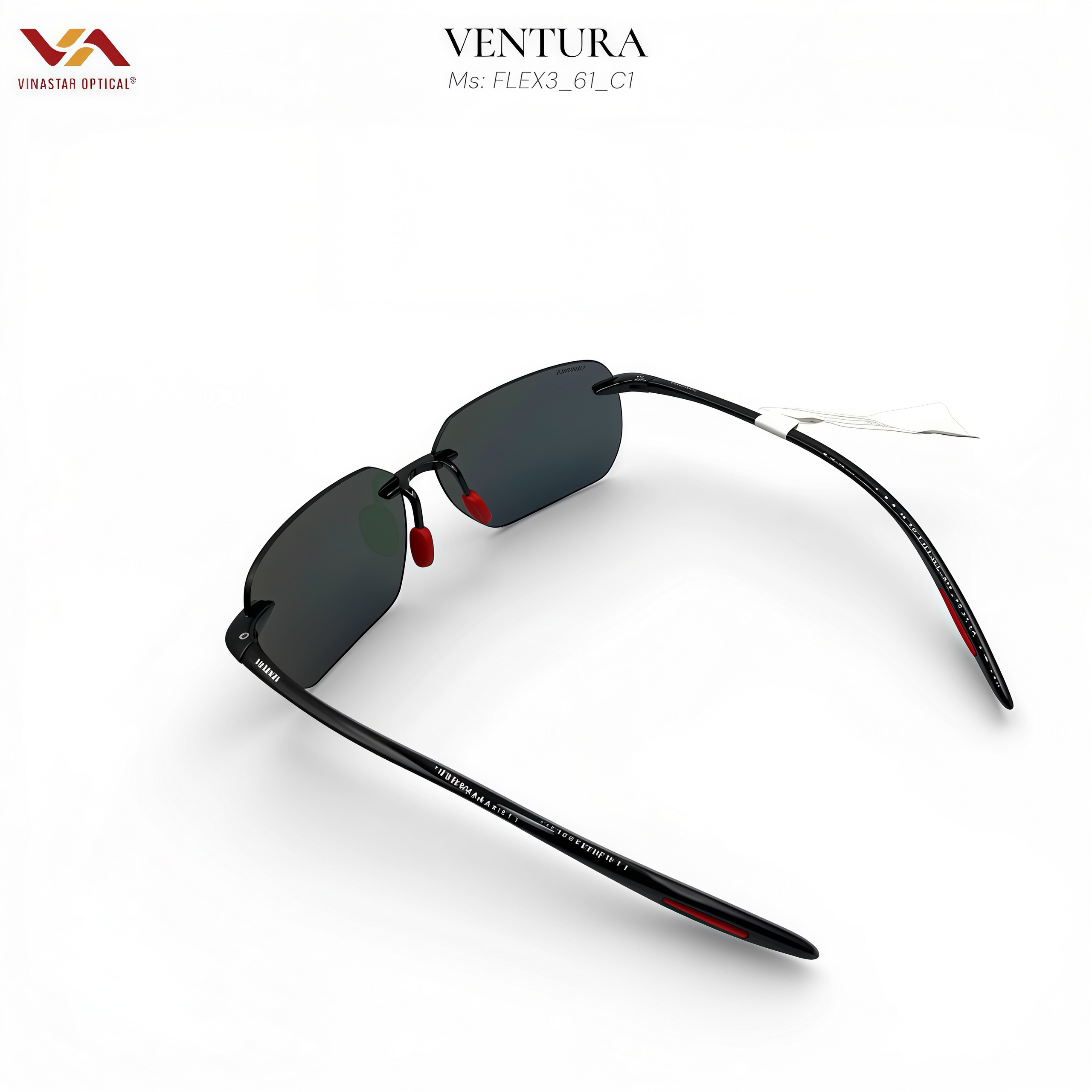 Kính Mát Ventura FLEX3_61_C1 – Thiết Kế Kính Khoan Không Viền Siêu Nhẹ, Gọng Đen Phối Đỏ Thể Thao, Tròng Polarized Xanh Lá Đơn Sắc Chống Chói Tuyệt Đối - Ảnh 3