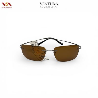 Kính Mát Ventura AIR02_61_C3 – Thiết Kế Kính Khoan Rimless Tinh Tế, Gọng Kim Loại Đen Siêu Thanh Mảnh, Tròng Polarized Màu Trà (Solid Brown) Dịu Mắt